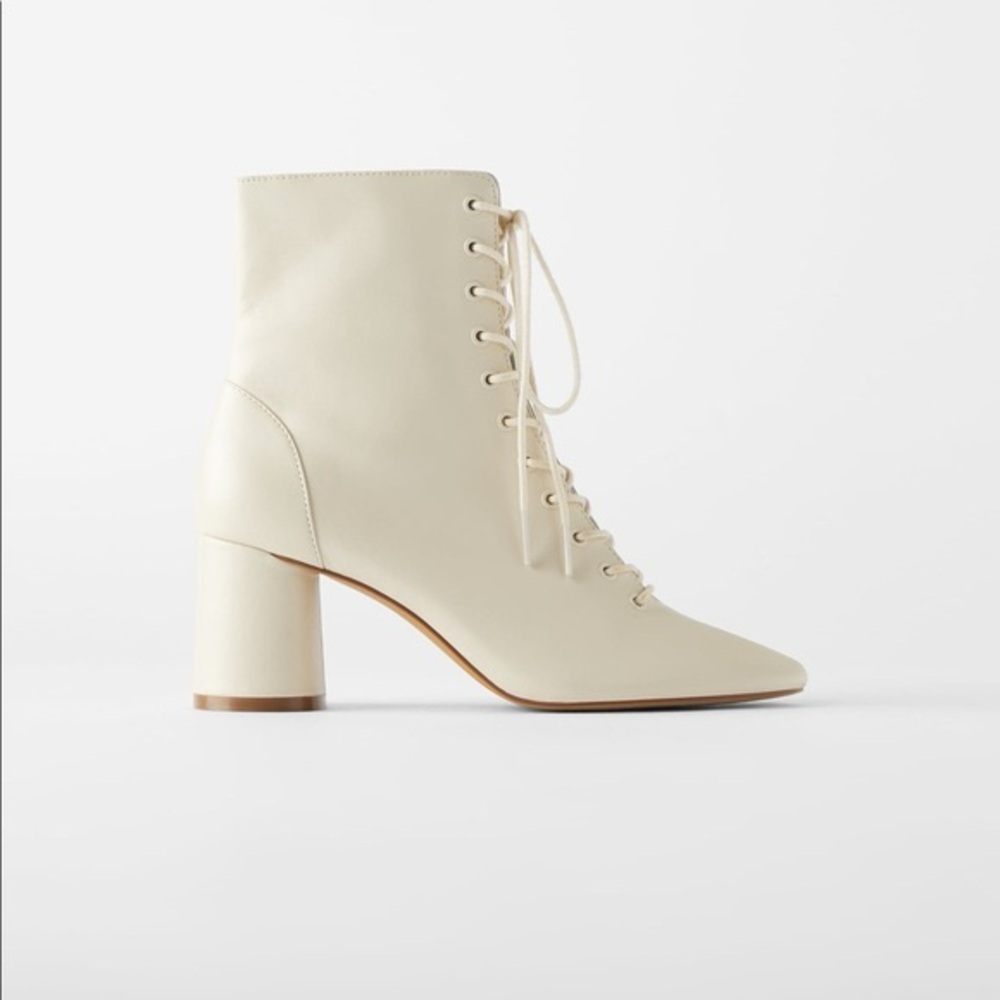 Zara Cream Lace-Up Block Heel Ankle Boots